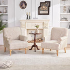 HUIMO Linen Fabric Accent Chairs Set of 2, Mid-Century Modern Armchair with Solid Wood Legs, Single Sofa Chair,Upholstered Reading Club Chair (2, Brown and White Stripe)