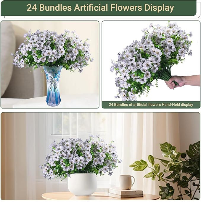 24 Bundles Artificial Flowers for Outdoors & Indoors – UV Resistant Faux Plastic Plants for Garden, Patio, Porch, Window Box, Home Decor – Lush & Vibrant Fake Flowers, White