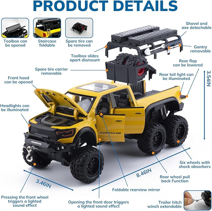 Pickup Truck Toy 1/24 Diecast Trucks Mammoth Model Car Kits,Metal Toy Truck Suitable for Kids and Car Collection,Pull Back Cars with Light and Sound,Trucks for Kids Ages 4-8（Yellow）