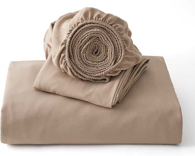 Bedsure Duvet Cover Queen Size with Fitted Sheet - 4 Pieces Prewashed Cotton-Like Extra Soft Bedding Set, Includes 1 Duvet Cover 90x90 Inches, 2 Pillow Shams, 1 Fitted Sheet, Deep Beige