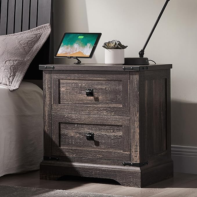 T4TREAM 24" Farmhouse Nightstand with Charging Station Set of 2, Large End Table with 2 Storage Drawers, Rustic Wood Sofa Bedside Table for Bedroom, Dark Rustic Oak