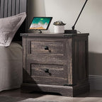 T4TREAM 24" Farmhouse Nightstand with Charging Station Set of 2, Large End Table with 2 Storage Drawers, Rustic Wood Sofa Bedside Table for Bedroom, Dark Rustic Oak