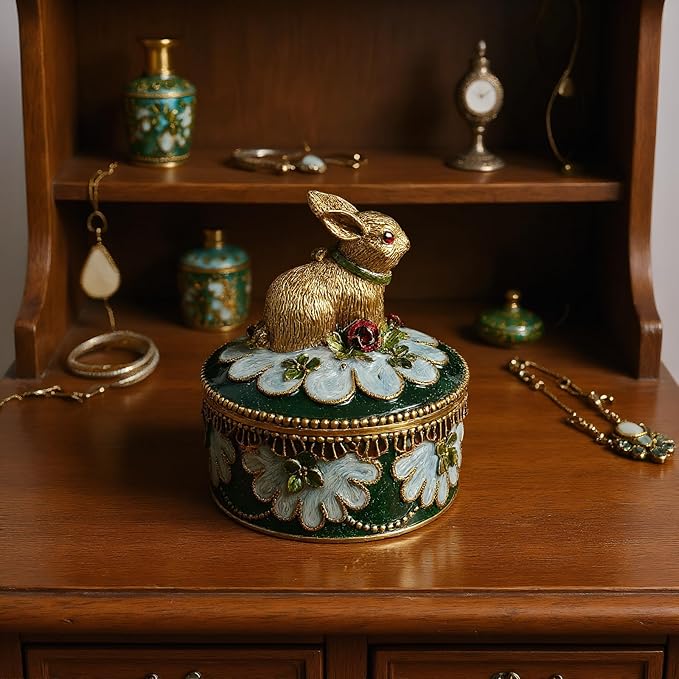 Handcrafted Rabbit Jewelry Box, Antique Gold Finish with Enamel Accents, Vintage Trinket Box for Rings and Small Keepsakes, Decorative Bunny Figurine Ornament