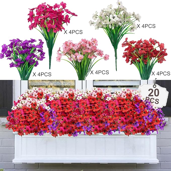 20 Bundles Artificial Flowers for Outdoors,Fake Silk Flowers with Plastic Plants for Outside,Faux mums Realistic Flowers for Window Box Yard Front Porch Balcoy Dector (Mixed Color)