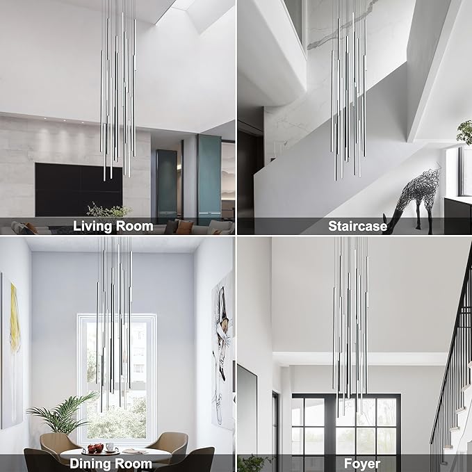 138" Modern LED Chandelier, Clustered Led Pendant Light, 20-Lights Dimmable High Ceiling Large Hanging Lighting Fixture for Loft Villa Living Room Stairs Foyer (Black-110W-20 Lights)