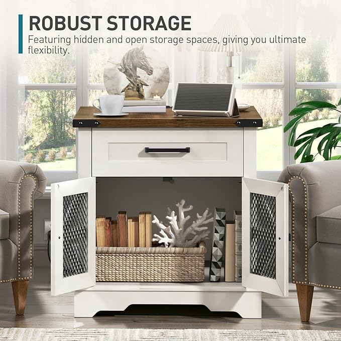 White Farmhouse End Table with Charging Station, 24" Large Sofa Side Table with Drawer, Large End Table for Living Room, Wooden Nightstand with Outlet, Square, White and Walnut