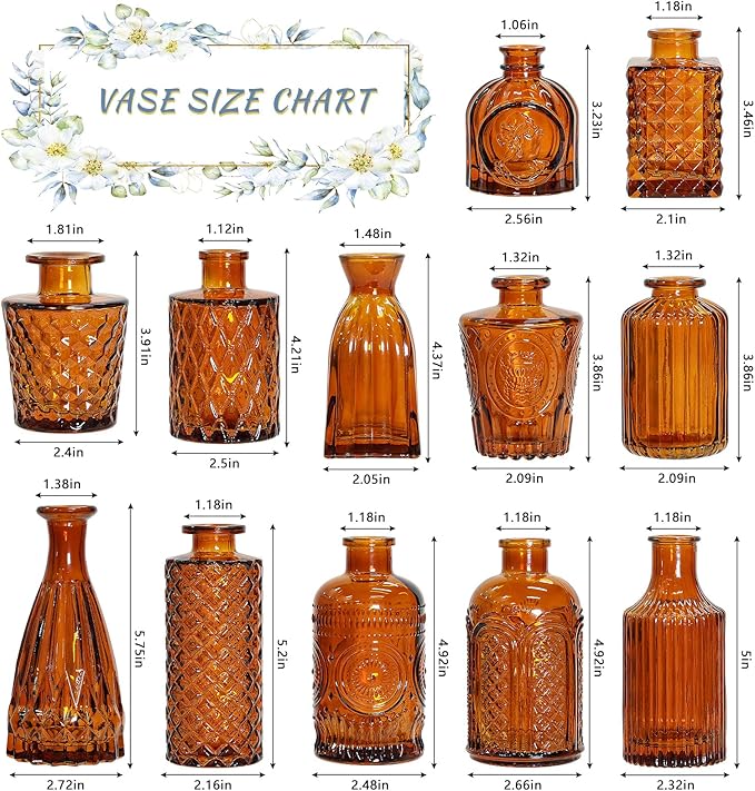 12Pcs Glass Bud Vase Set, Small Dark Brown Flower Vase for Centerpieces, Bud Vases in Bulk, Mini Vintage Vase for Rustic Wedding Decorations（Amber）