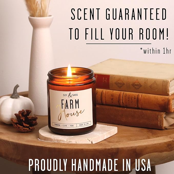 Fall Candles - 'Farmhouse' Autumn Scented Soy Candles for Home, w/Cinnamon, Clove & Pine I Infused with Essential Oils I Farmhouse Décor, 9oz Reusable Jar, 50Hr Burn, Made in USA