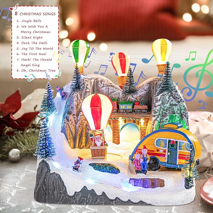 VCUTEKA Christmas Village, Hot Air Balloon Snow Mountain with Rotating Santa Claus Lighted Musical Village Perfect Addition to Your Christmas Indoor Decorations or Holiday Displays