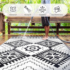 Waterproof Outdoor Rug 8x10ft, Boho Reversible Plastic Straw Mat for Patio RV Deck Porch Backyard Balcony Camping Picnic Beach Indoor Outdoor Carpet, Black&White