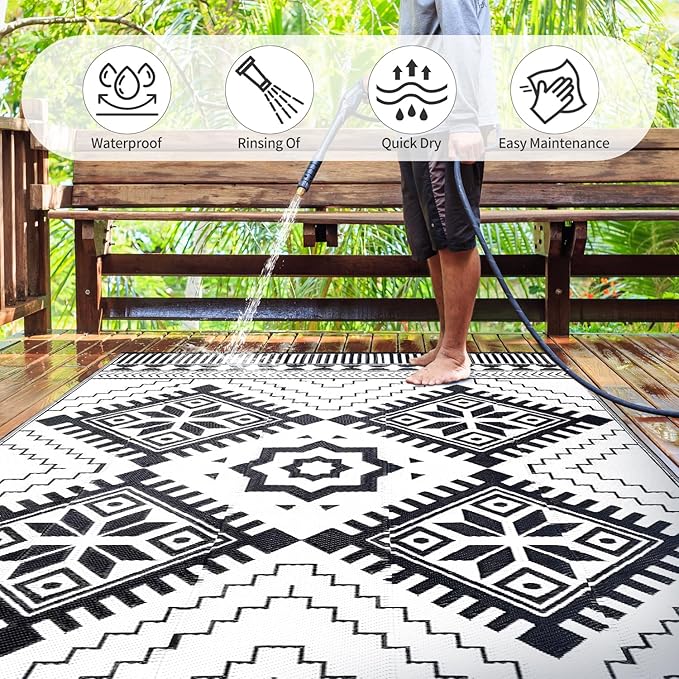 Waterproof Outdoor Rug 8x10ft, Boho Reversible Plastic Straw Mat for Patio RV Deck Porch Backyard Balcony Camping Picnic Beach Indoor Outdoor Carpet, Black&White