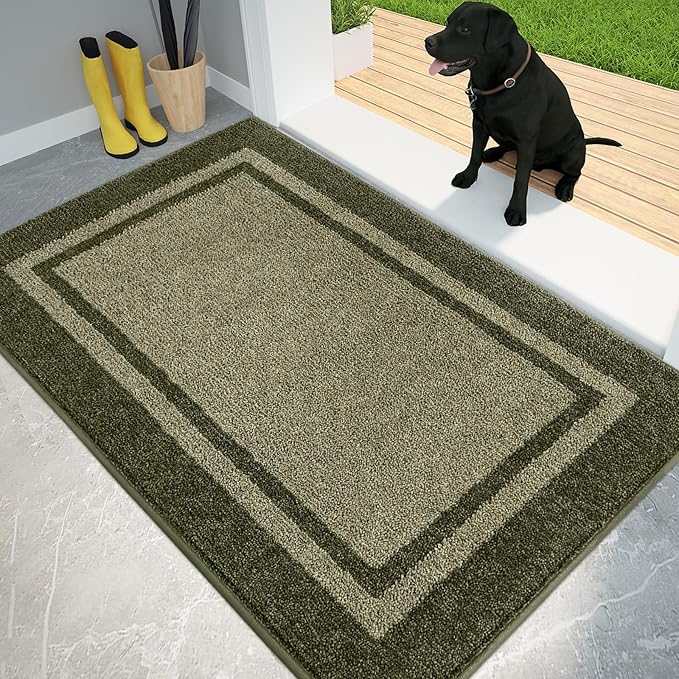 PURRUGS Dirt Trapping Door Mat 34" x 60", Non-Slip/Skid Machine Washable Entryway Rug, Shoes Scraper, Area Rug, Super Absorbent Welcome Mat for Muddy Wet Shoes and Paws, Budding Green & Sage Green