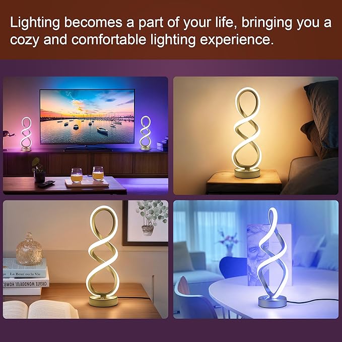 Modern Table Lamp, 7 Colors 10 Light Modes Spiral Design Table Lamp, Touch Dimmable Nightstand Lamp, Unique Bedside Lamp for Living Room, Bedroom, Cool Lamps, Gold, 2 Pack