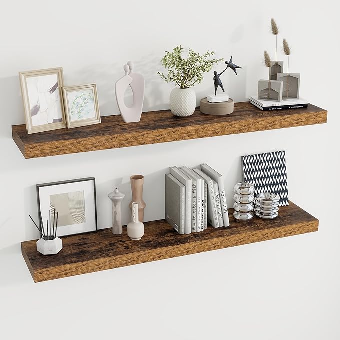 Dreamland 48 inch Floating Shelves for Wall Large Wall Mounted Shelves with Invisible Brackets, Brown Long Shelves for Bathroom, Living Room, Kitchen, Office, 48x9.1 inch deep Set of 2