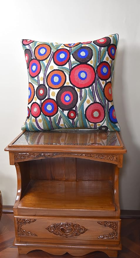 Floral Poppy Pillow Cover White Red Floral Outdoor Pillowcase Suzani Accent Chair Cushion Flower Accent Couch Pillowsham Boho Florals Chair Hand Embroidered 18x18 Inch