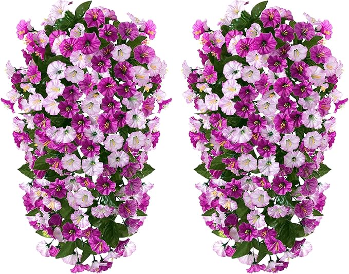 HyeFlora Artificial Fake Hanging Flowers Plants for Outdoor Outside, 2PCS Faux Silk Morning Glory Trailing Vines UV Resistant Look Real for Home Planter Porch Patio (Light Fuchsia+Fuchsia)
