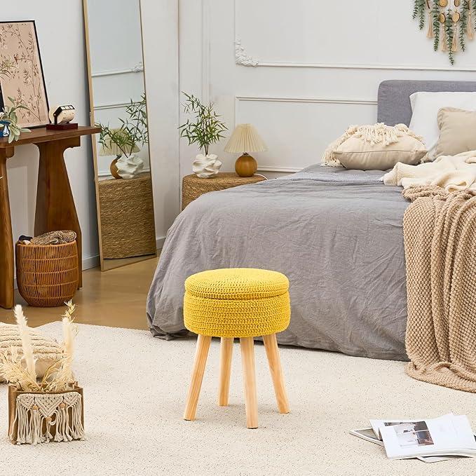Wimarsbon Pouf Ottoman, 100% Cotton Knitted Boho Footstool, Round Footrest with Non-Skid Wood Legs, Home Décor Handmade Pouffe, Leisure Floor Step Stool for Living Room (High Storage Yellow)
