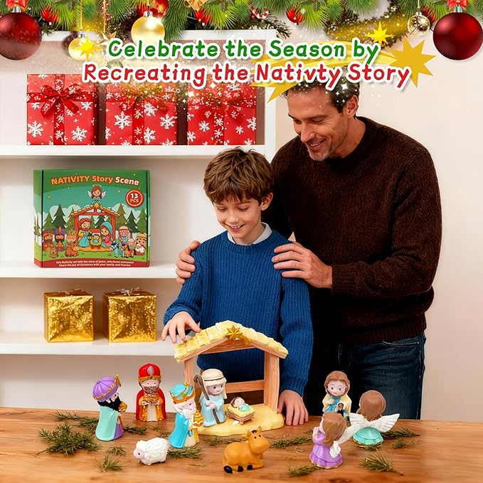 13Pcs Nativity Scene Educational Toy for Kids, Christmas Little Figurines Nativity Set, Reenact Miniature Nativity Figures Christian Toys for Toddler 3 4 5 6 7+ Christmas Birthday Gift