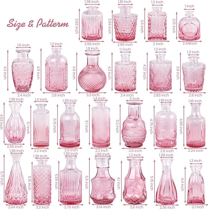 Pink Glass Bud Vase Set of 24, Small Flower Vases for Centerpieces in Bulk, Mini Vintage Vase for Wedding Decor, and Home Table Décor