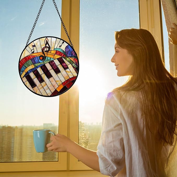 Stained Glass Window Hanging, Piano Notes Sun Catchers Glass Panel Suncatcher Decor for Birthday for Women, Men, Wife, Aunt, and Mom 6.3 in
