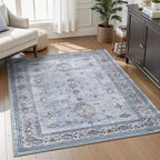 AMOAMI-Vintage Area Rug 3x5 Blue Rugs for Living Room-Soft Washable Rug Non Slip Entryway Rug Indoor Vintage Throw Accent for Bedroom Laundry Room Dining Bathroom Bedside