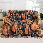 Snycler Boho Throw Blanket for Bed, 100% Organic Cotton Muslin Soft Throw-Orange Boho Floral Farmhouse Rustic Spring Summer Fall Decor Blanket for Couch Sofa Quilt and Gift, 60" x 80"