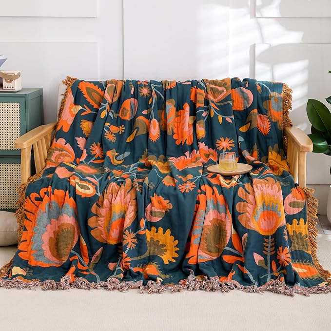 Snycler Boho Throw Blanket for Bed, 100% Organic Cotton Muslin Soft Throw-Orange Boho Floral Farmhouse Rustic Spring Summer Fall Decor Blanket for Couch Sofa Quilt and Gift, 80" x 90"
