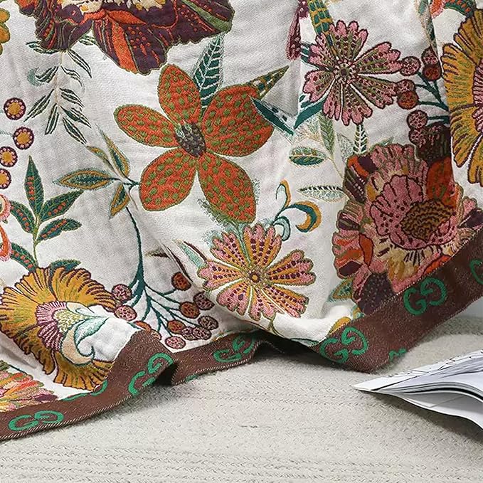 Boho Throw Blanket for Couch Sofa Bed, 100% Cotton Woven Quilt with Tassel 80”x90”, Super Soft Muslin Blanket with Floral Printed, Decorative Reversible Bed Blanket/Cover for All Seasons