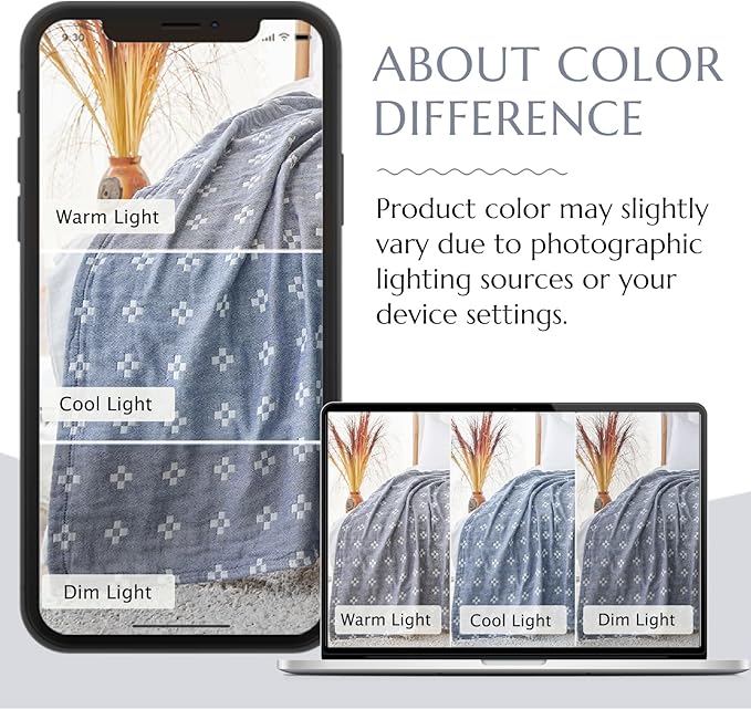 jinchan Boho 100% Cotton Blanket Muslin 50x60 Inches Lightweight 3-Layer Geometric Cross Pattern Reversible Quilt Throw Soft Breathable Comfy All Seasons for Couch Bed Decor, Blue