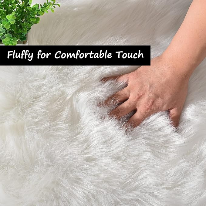 Goolela Sheepskin Area Rug - White Faux Fur, 4x6, Machine Washable, Plush, Fluffy for Bedroom & Living Room