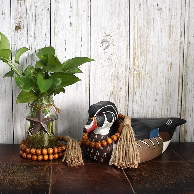 CVHOMEDECO. Wood Grain Beads Garland with Tassels Farmhouse Rustic Wooden Prayer Bead String Wall Hanging Accent for Home Festival Decor. Tan