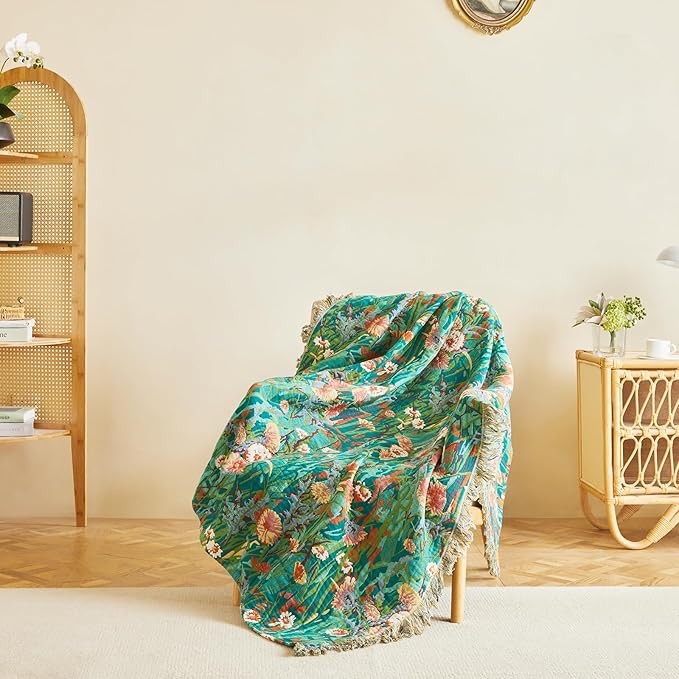 MSGKV Boho Throw Blanket for Bed Twin Size Cotton Muslin Breathable Floral Blanket 60"x80" Sofa Couch Blankets for All Seasons Lightweight Farmhouse Blankets Boho Home Decor