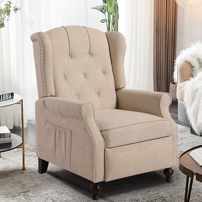Wingback Chair with Massage and Heat, Tufted Fabric Pushback Recliner Chair, Wingback Recliner Chair with Remote Control, Padded Cushion, Wooden Legs, Small Recliners for Small Spaces