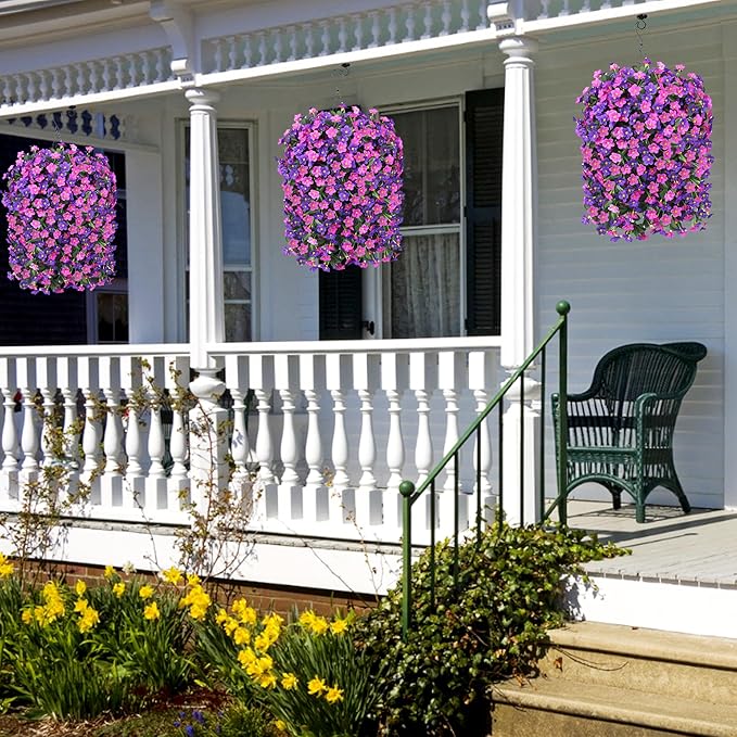 Artificial Fake Hanging Flowers Plants for Outdoor Outside Fall Decor, 2 PCS Faux Silk Daisy Mums Vines UV Resistant Realistic for Home Porch Patio Balcony Planter Decoration(Dark Purple and Fuchsia)