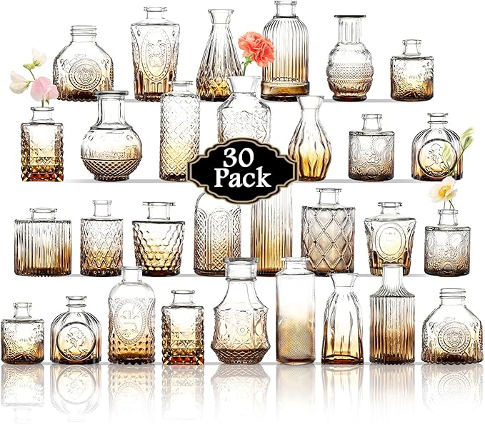 Bud Vases in Bulk 30, Glass Vases for Centerpieces, Small Vases for Flowers, Small Flower Vases for Centerpieces, Mini Vintage Vases, Amber Bud Vase for Wedding Table Decor