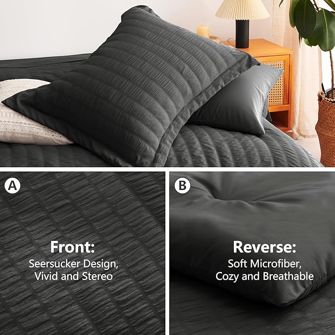 CozyLux Twin XL Comforter Set with Sheets Seersucker Dark Grey 5 Pieces Bed in a Bag, Twin Extra Long Luxury Bedding Sets for College Dorm with Down Alternative Comforter, Sheets, Pillowcases & Shams