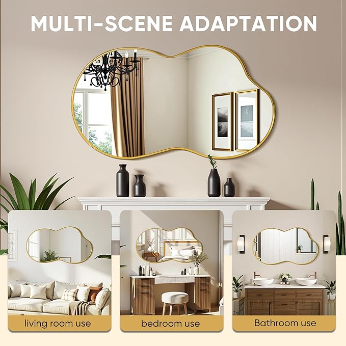 Suidia Irregular Wall Mirror, 36"x24" Bathroom Mirror Asymmetrical Mirrors Artistic Mirrors Decorative for Living Room Bedroom Bathroom Hallway Entryway, Gold, Cloud Style