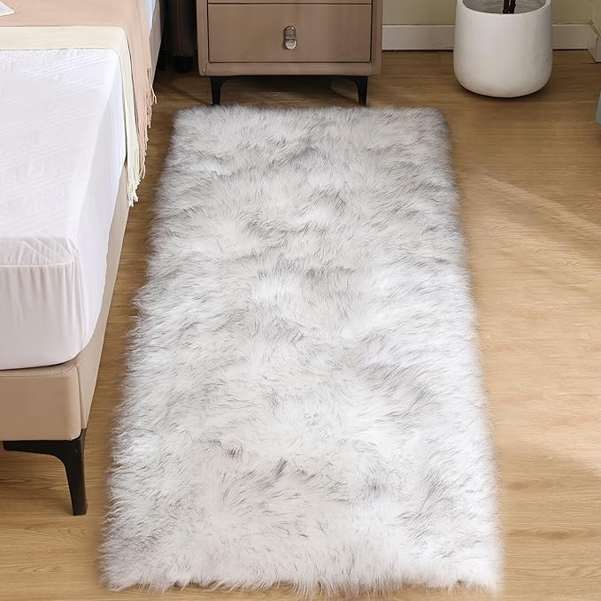 Goolela Fluffy Faux Fur Runner Rug 2x6 for Bedroom White with Grey Tips Faux Sheepskin Rug Bedside Dorm Washable Shaggy Plush Rectangle
