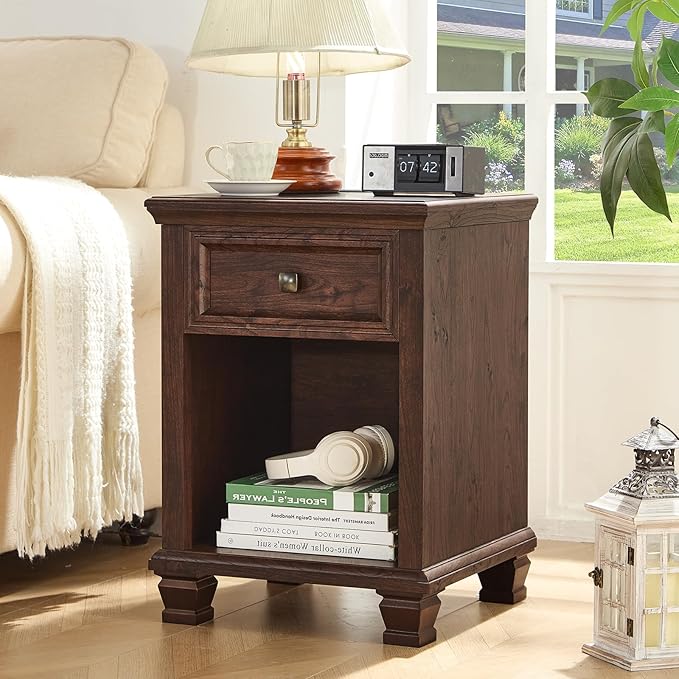 Farmhouse Side Table with Charging Station, Rustic Wood End Table with Drawer, Small Nightstand with Open Shelf for Bedroom, End Tables for Living Room, Walnut