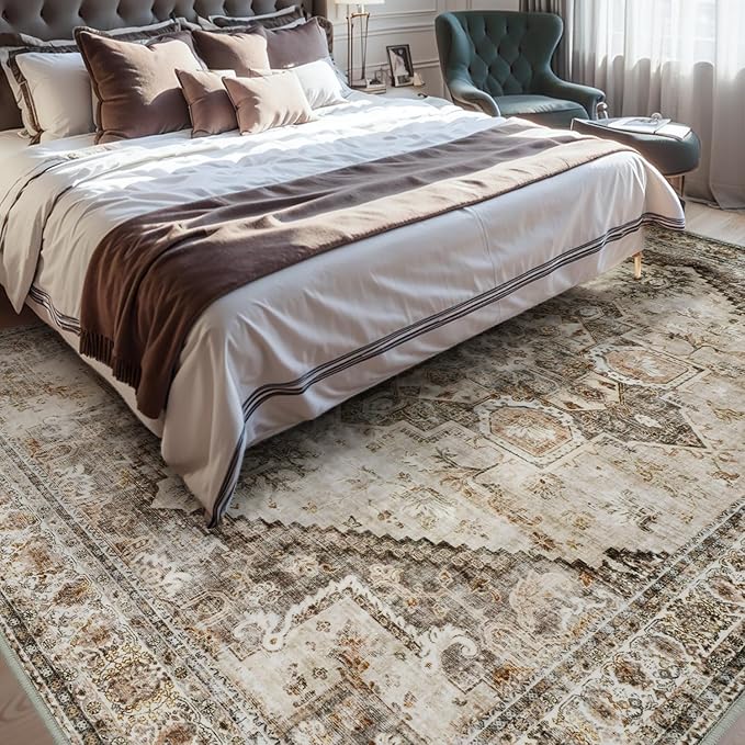Beige Washable 5x7 Area Rugs for Living Room Rug Bedroom Rug-Carpet Neutral Dining Room Rugs for Under Table Soft Comfortable Non Slip Vintage Oriental Medallion Design