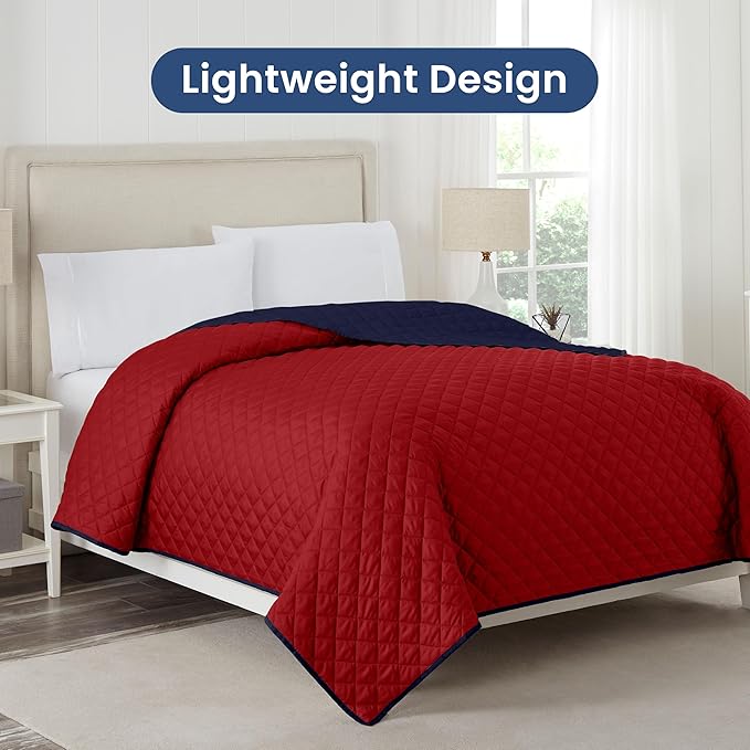 Martex Reversible Coverlet – Full Size Quilt – Queen Size Quilt - Lightweight Quilt Full Size– Durable Queen Size Quilts for Bed – Soft - Easy Care Bedding – Red/Navy