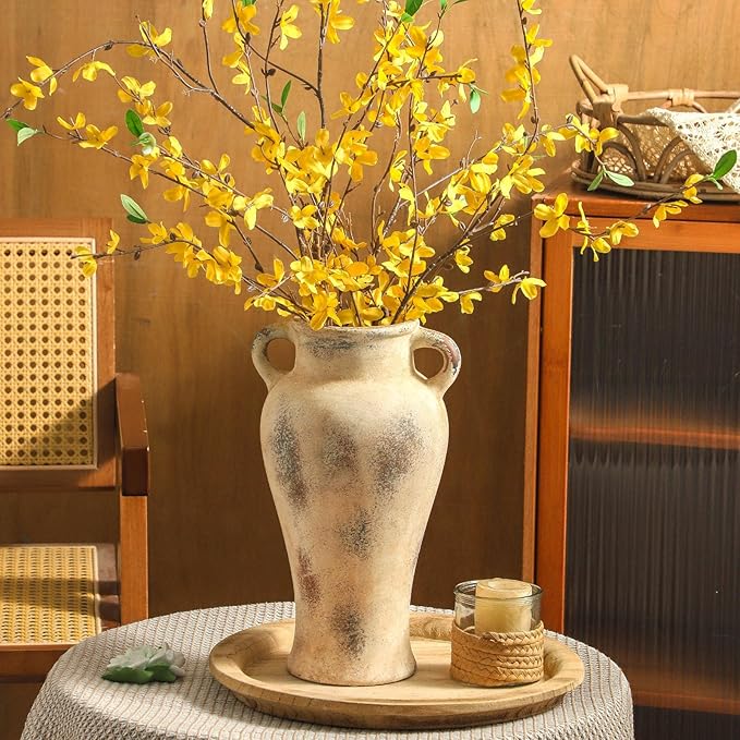 Rustic Ceramic Vase with Handle, 12.6 inch Large Handcrafted Farmhouse Decorative Pottery Vase for Table Centerpiece, Wedding Decor, or Entryway Arrangement
