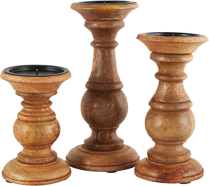 Deco 79 Mango Wood Decorative Candle Holder Turned Style Pillar Candle Stand, Set of 3 Candlestick Holder 10",8",6"H, Brown