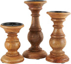 Deco 79 Mango Wood Decorative Candle Holder Turned Style Pillar Candle Stand, Set of 3 Candlestick Holder 10",8",6"H, Brown