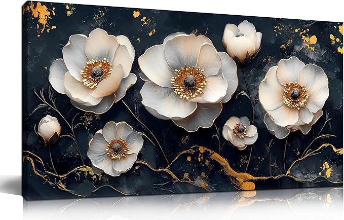 White Flower Wall Canvas Art for Bedroom - Black and White Wall Art for Living Room - Home Office Decor Wall Size 20" x 40"