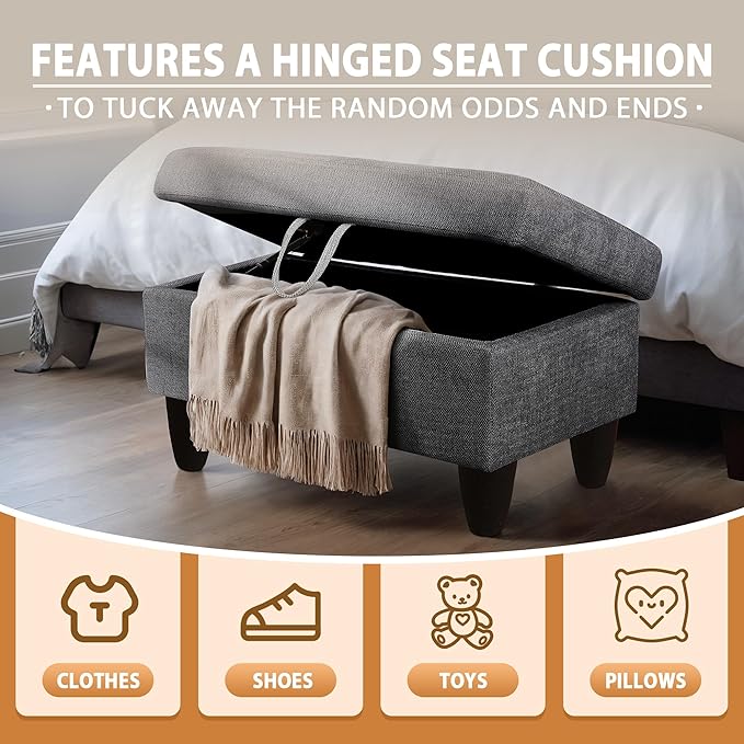 Ottoman Rectangular Storage Ottoman Bench, Flannel Footrest Stool Footstool with Lid for Living Room, Bedroom, Entryway, Black Gray, 28.5"x19"x17.5"