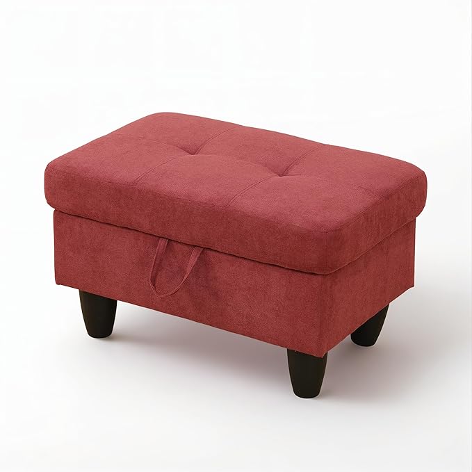 Ottoman Rectangular Storage Ottoman Bench, Flannel Footrest Stool Footstool with Lid for Living Room, Bedroom, Entryway, Red, 28.5"x19"x17.5"