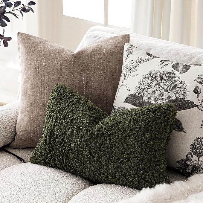 Foindtower Set of 2 Curly Teddy Wool Pillow Covers Decorative Boucle Textured Lumbar Throw Pillow Faux Fur Sherpa Pillowcases Sheepskin Fuzzy Cushion Case for Sofa Bedroom Car 12"x20" Olive Green