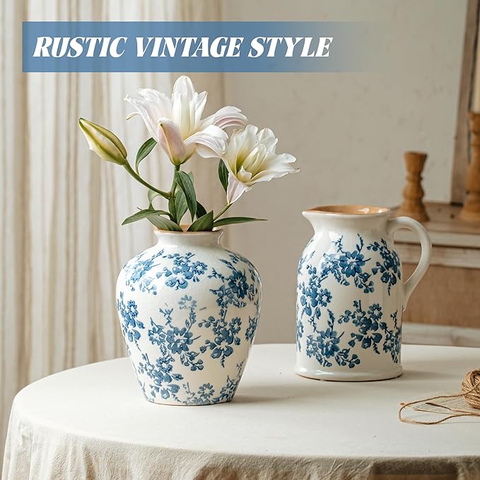 Blue and White Vase, 8 Inch Vintage Chinoiserie Ceramic Vase, Rustic Flower Vases Decorative Antique Vases for Home Decor, Retro Ice Cracked Porcelain Farmhouse Table Centerpieces Decor