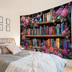 HVEST Bookshelf Tapestry Pink Floral Green Leaf Watercolor Plant Botanical Aesthetic Tapestry Wall Hanging Vintage Library Book Wall Decor for Bedroom Living Room Dorm, 40L x 60W Inches